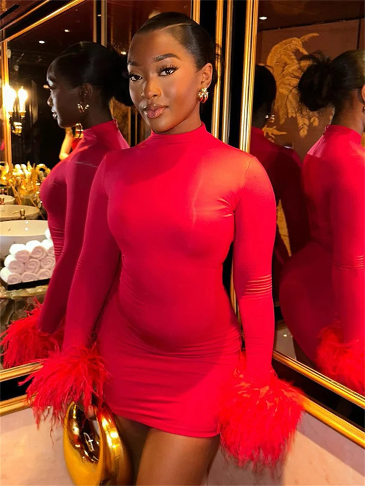 Feather Patchwork Stretch O Neck Mini Dress