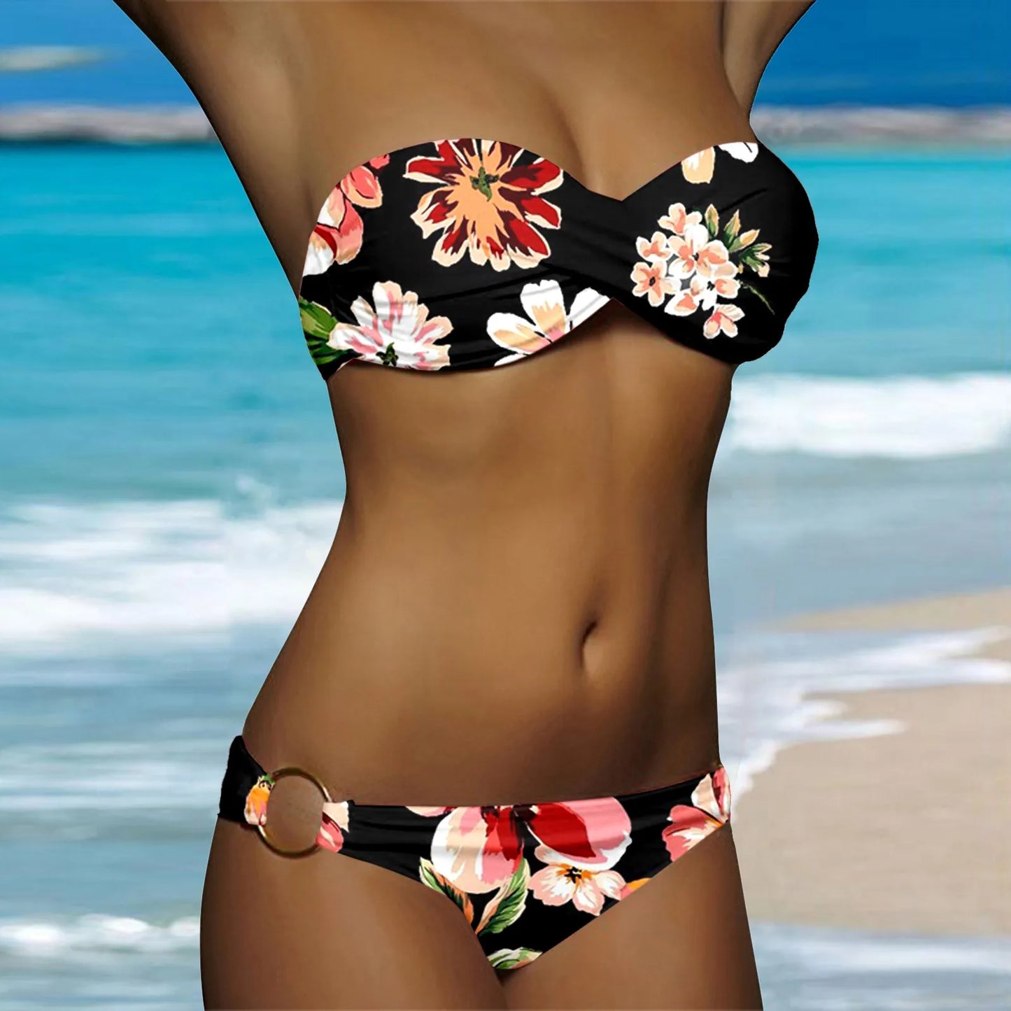 Ruched White Dot Print Two Piece Swim Sets