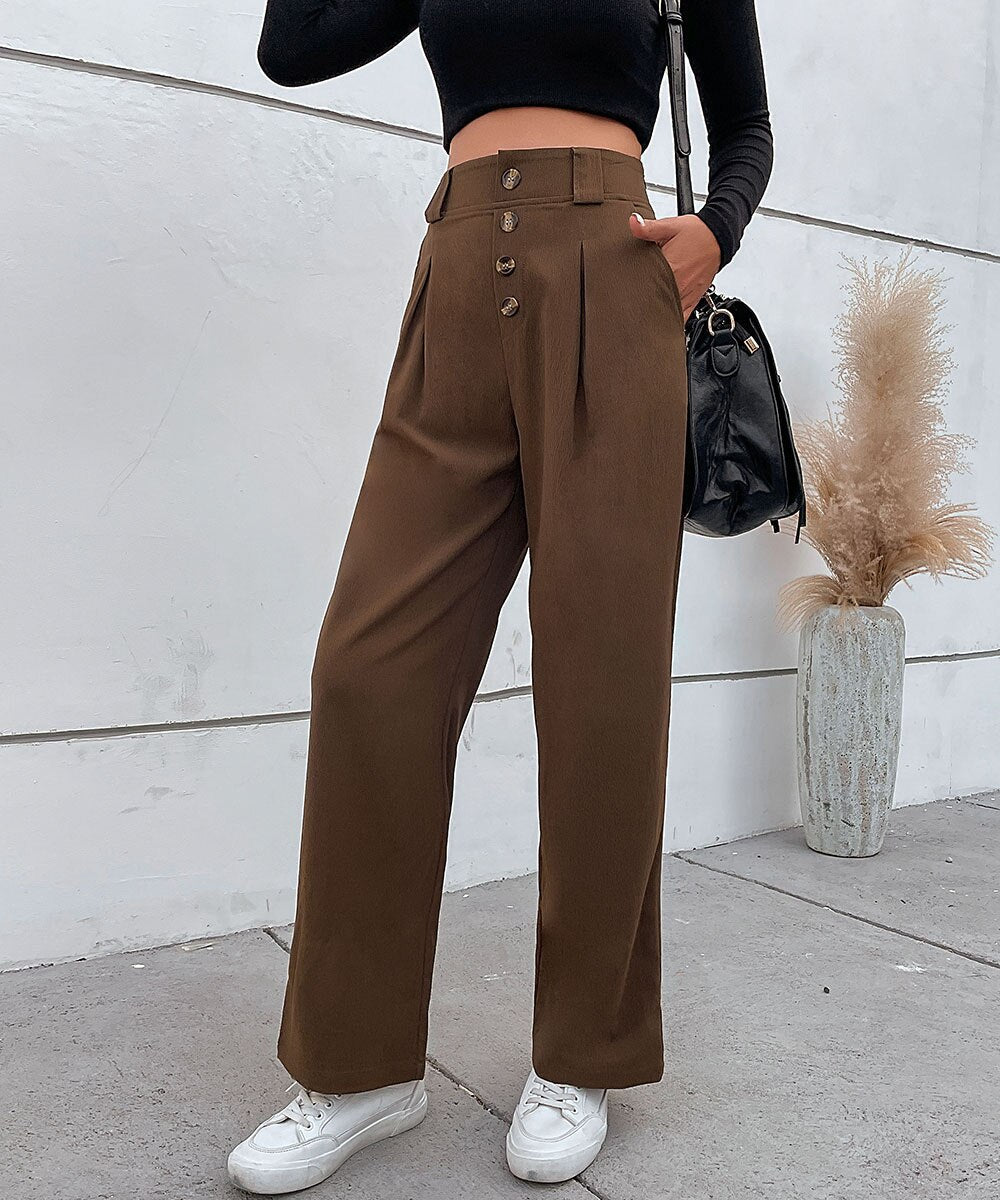 Solid Button Front Casual Pants