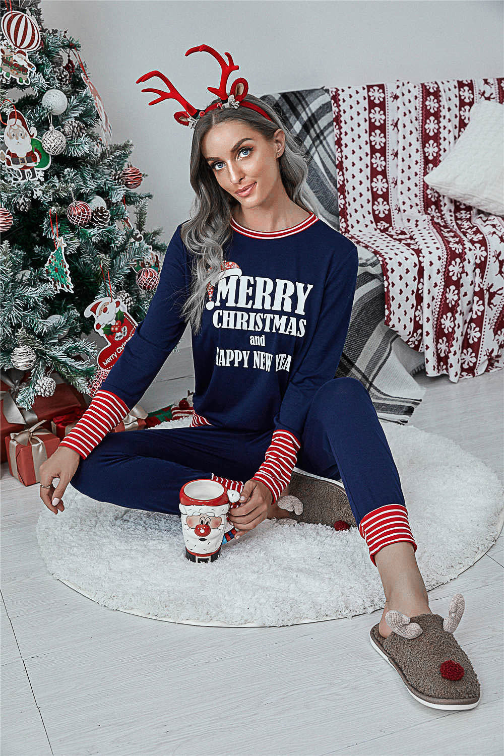 Merry Christmas Pajamas Set Casual Matching Set Full Sleeve Tops+Pants 2 Pieces