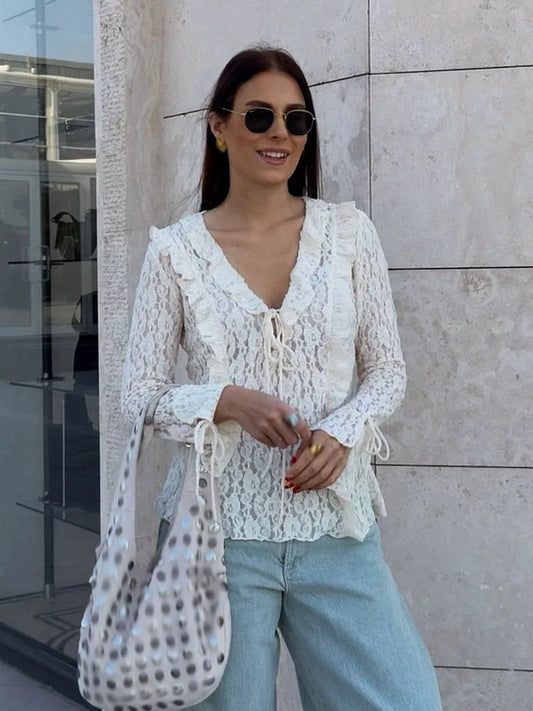 Spring Fashion V-neck Solid Lace Laminated Blouse