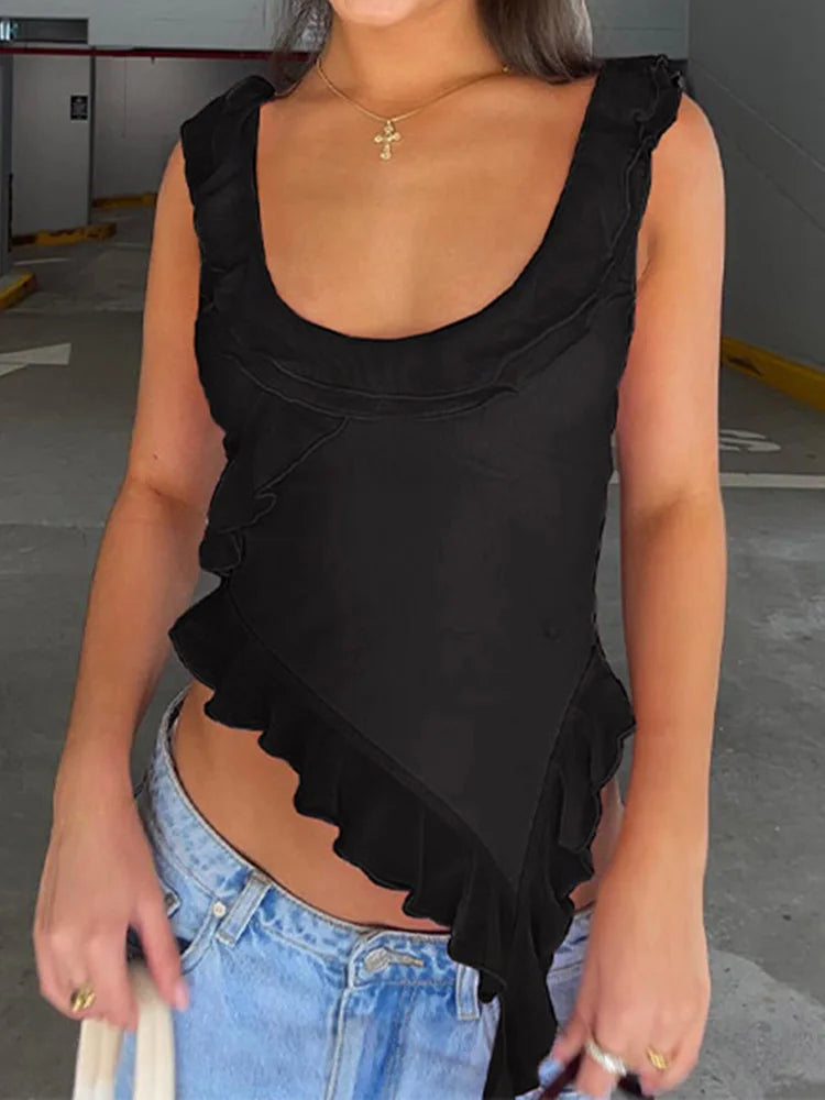 Fashion O-neck Sleeveless Mesh Sheer Top