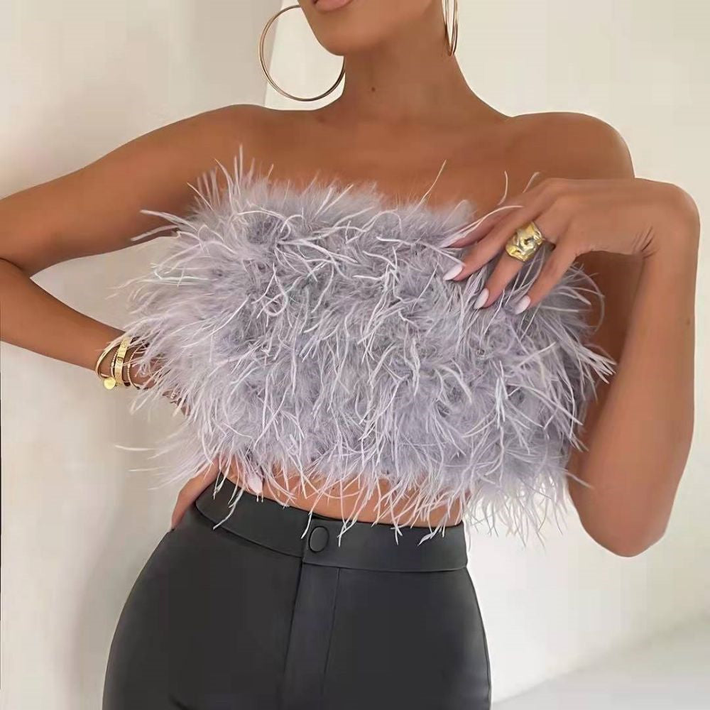 Faux Ostrich Feather Soft Fur Tank Short Vest Colorful Backless Nightclub Tube Top