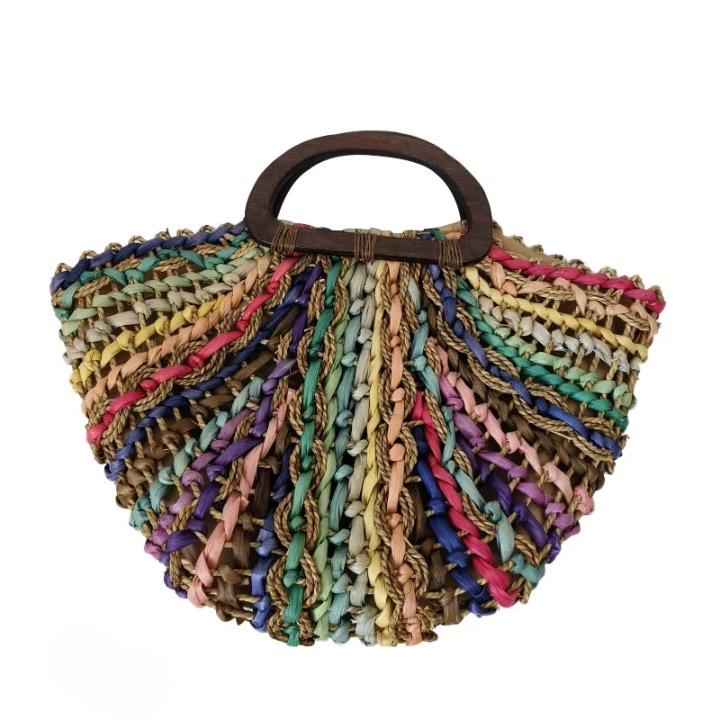 Chunky Rainbow Stripe Straw Basket Bag
