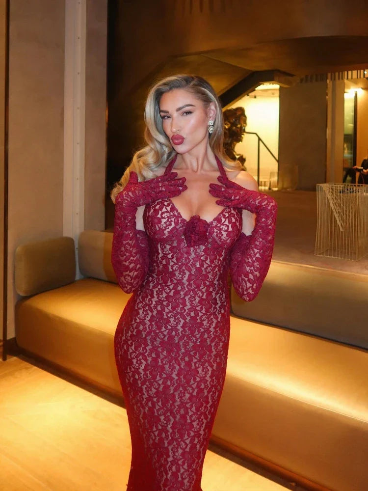 Flower Mermaid Burgundy Maxi Lace Dress