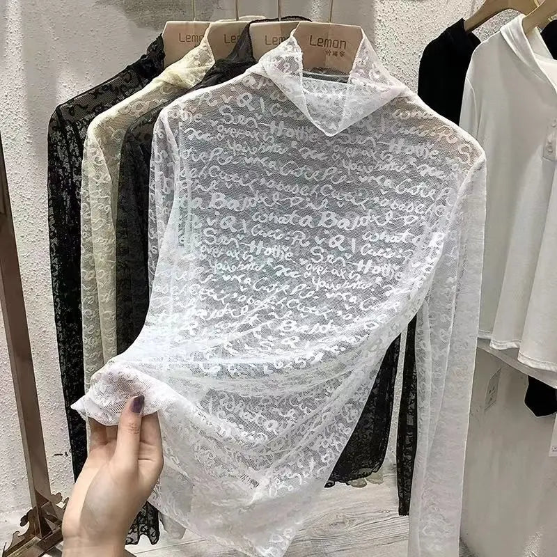 Letter Prints Sheer Turtleneck Tops