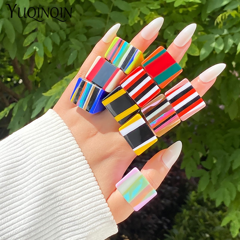 Safina Colorful Stripe Acrylic Resin Rings - 11 Colors