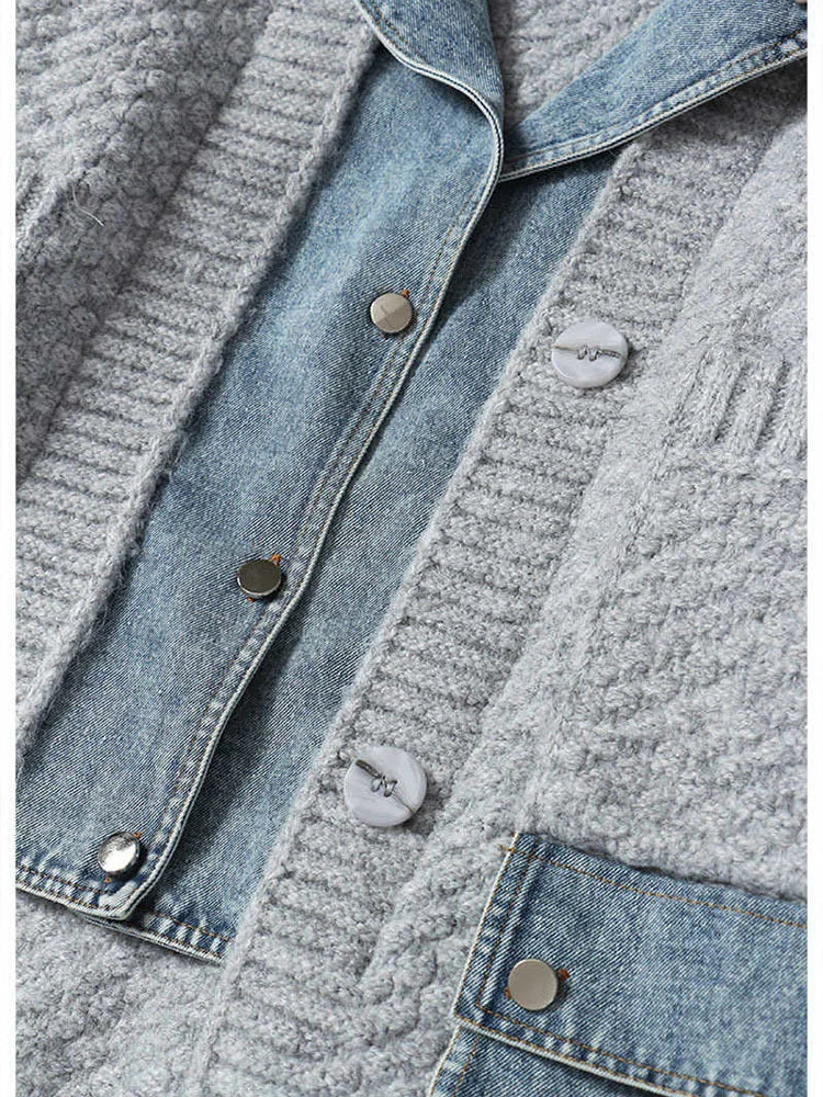 Yuke Denim Shirt Patchwork Grey Cardigan Jacket