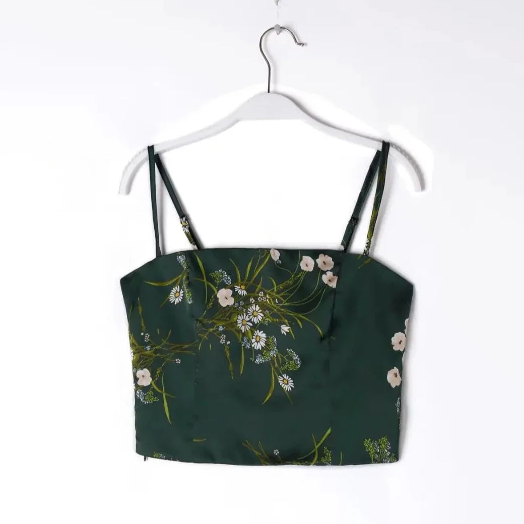 Green Floral Chinoise Satin Camisole Top