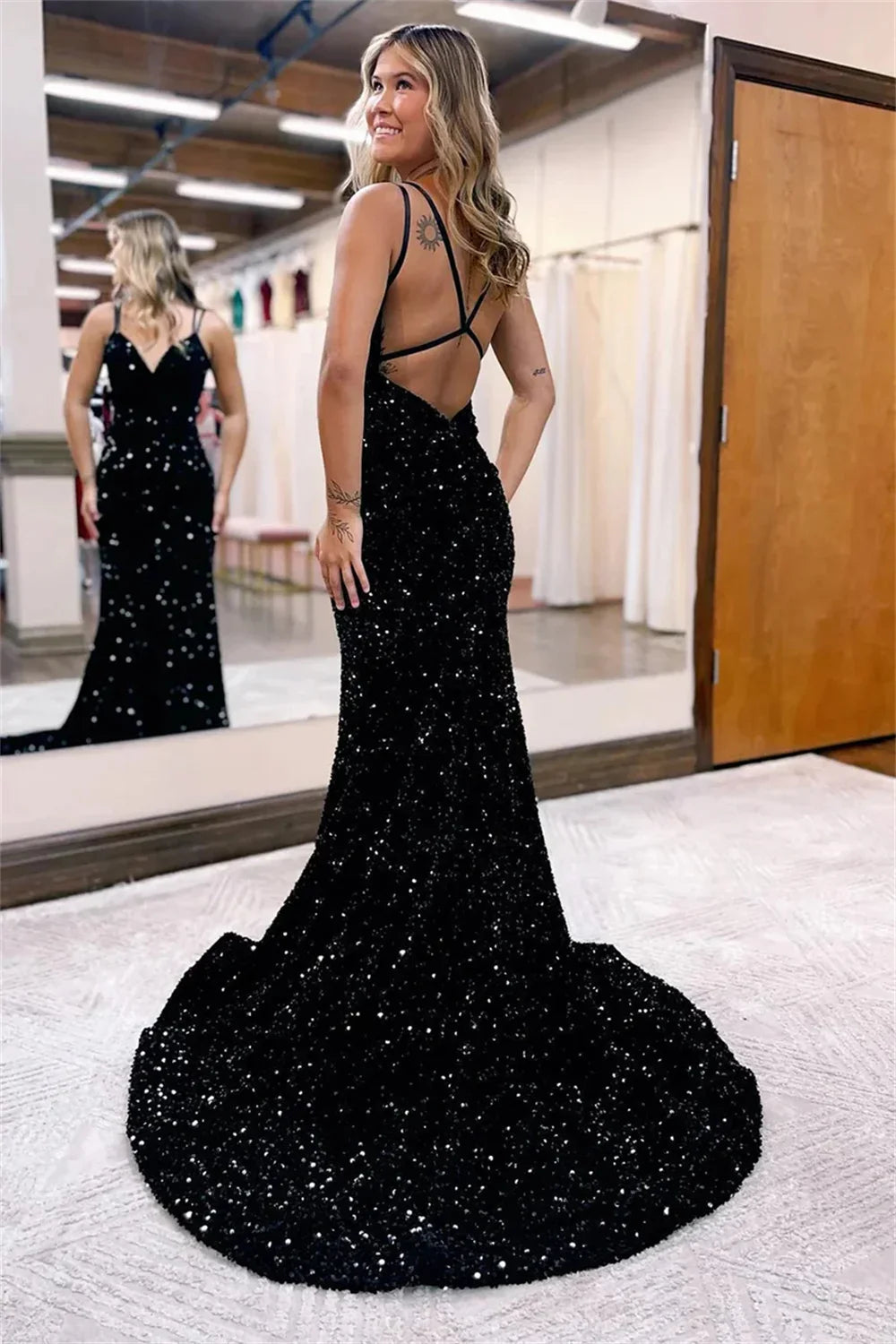 Sequin Backless Strapless Maxi Party Dress