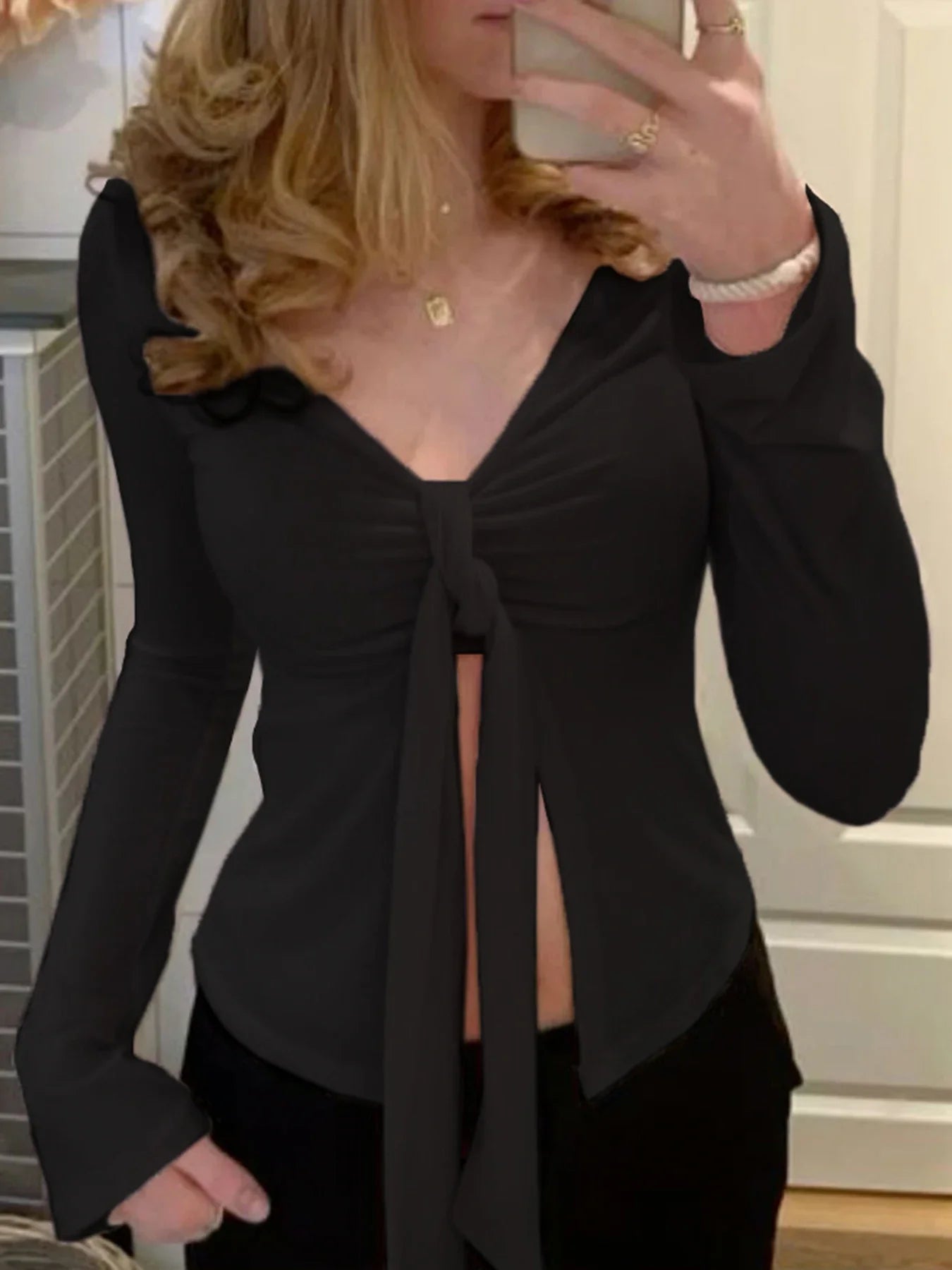 Black Tie V-Neck Split Blouse Crop Top