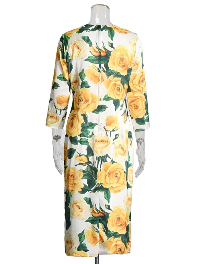 Simone Yellow Rose Floral Retro Dress