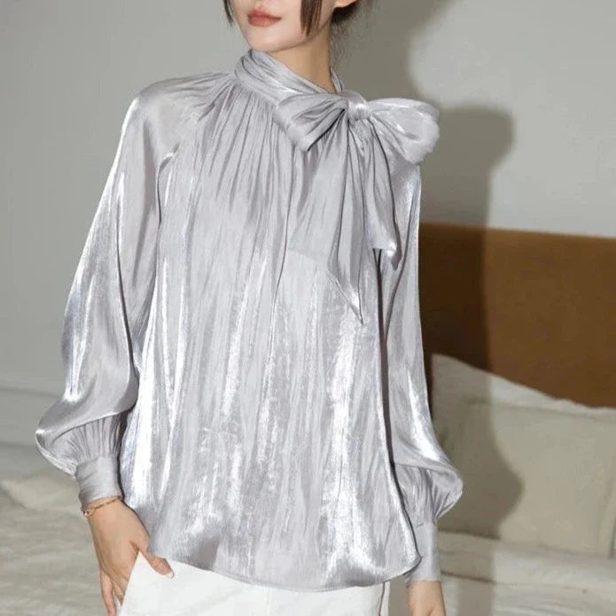 Jobelle Silver Glitter Bow Tie Neck Blouse