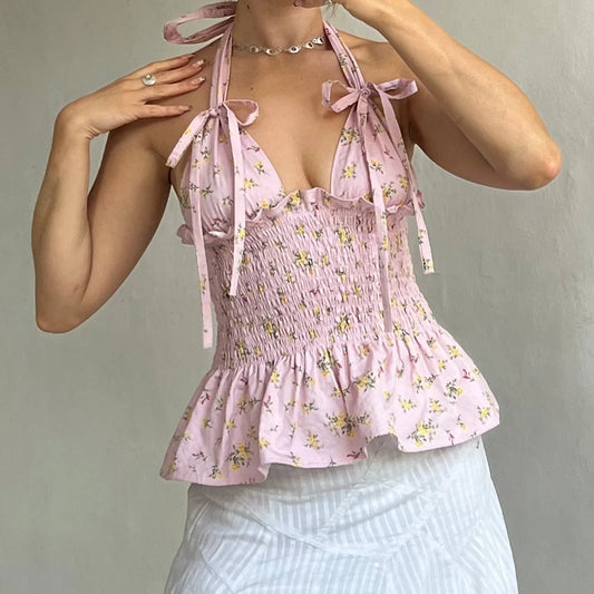 Y2K Floral Print Ruffled Hem Tie-Up Cami Top