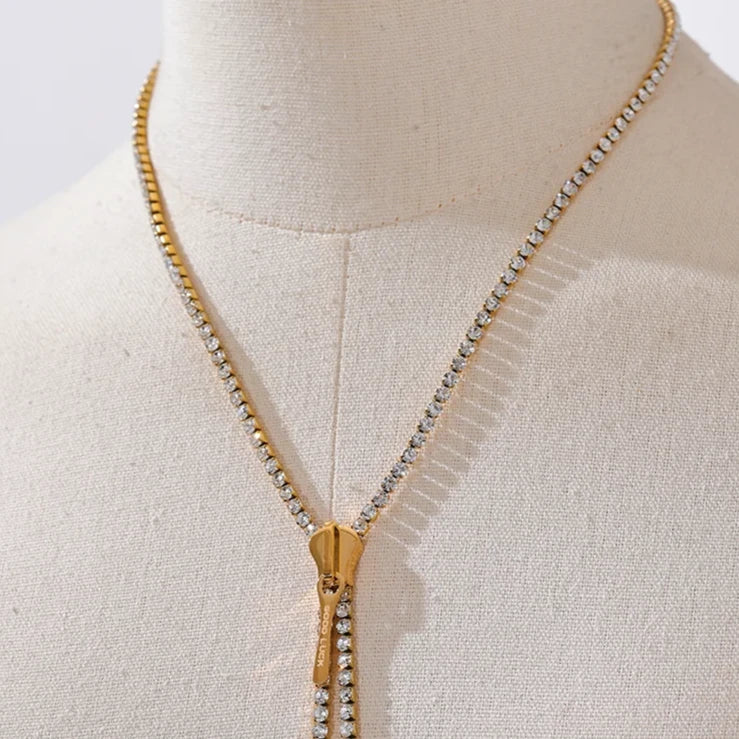 Rhinestone Zipper Pendant Tassel Necklace