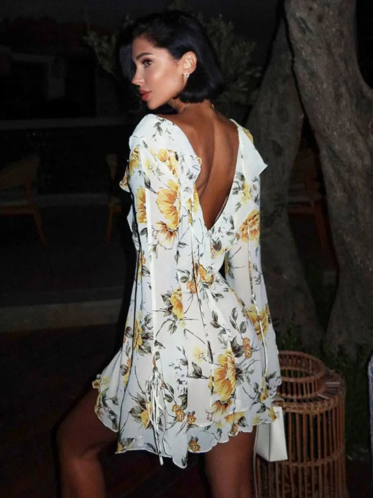 Flower Deep V Lace-Up Long Sleeve Mini Dress