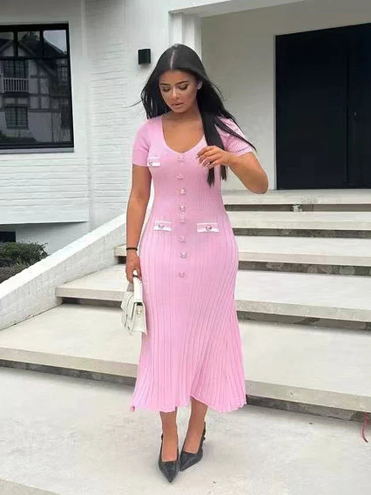 V-Neck Knitted Short Sleeve Button Work Dress