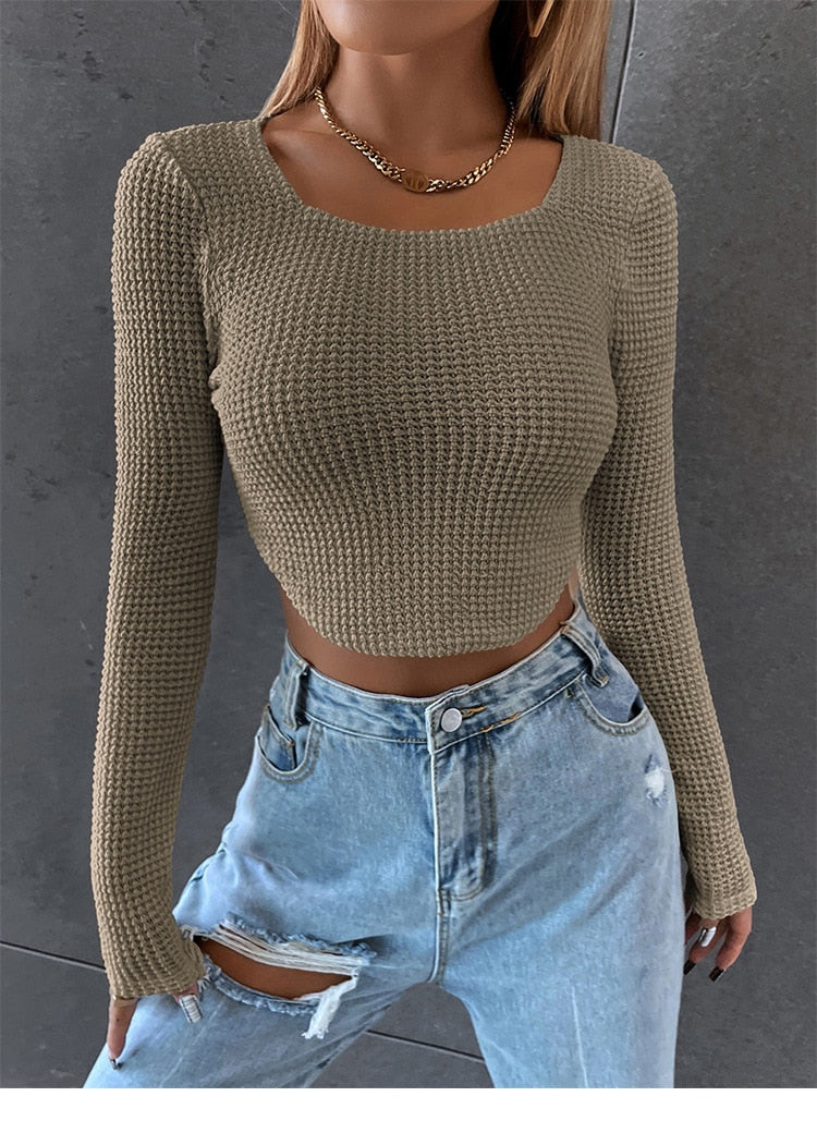 Long Sleeve Square Neck Knitted Crop Top Y2k T Shirts