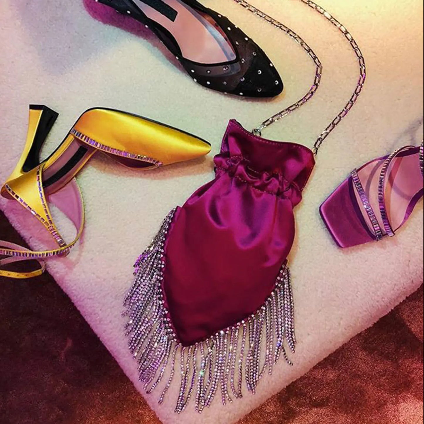 Slaine Rhinestone Tassel Silk Pouch Evening Bags