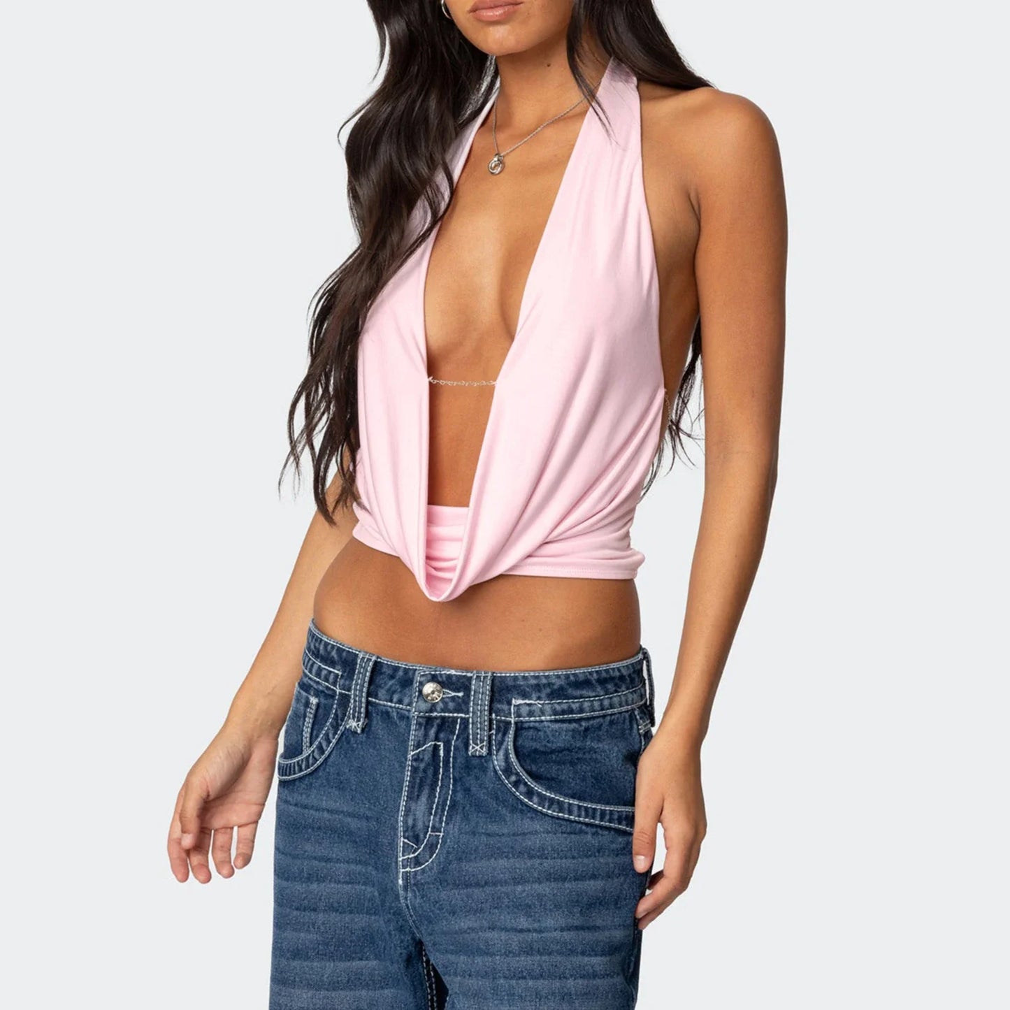 Halter Deep V Neck Backless Y2K Cami Top