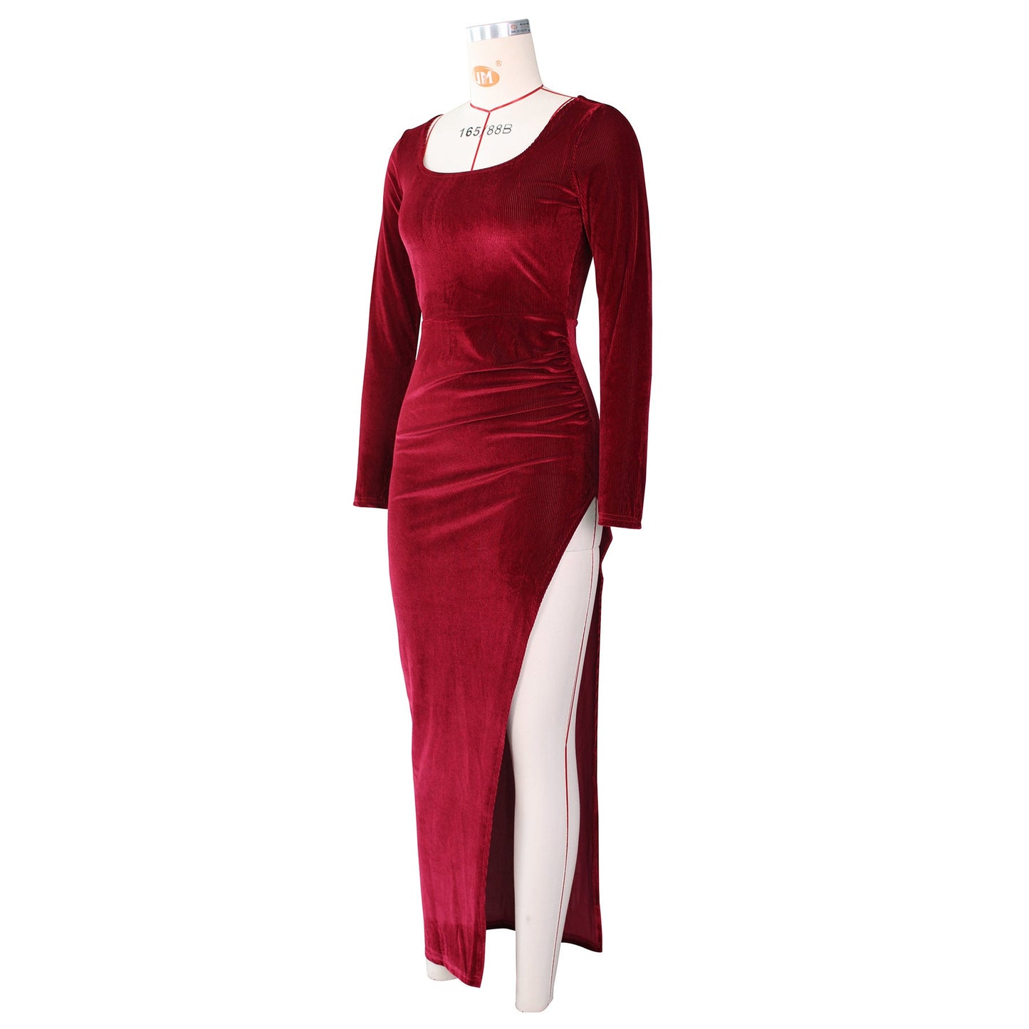 Elegant Velvet High Waist Slit Maxi Dress Long Sleeve Evening Party Dress