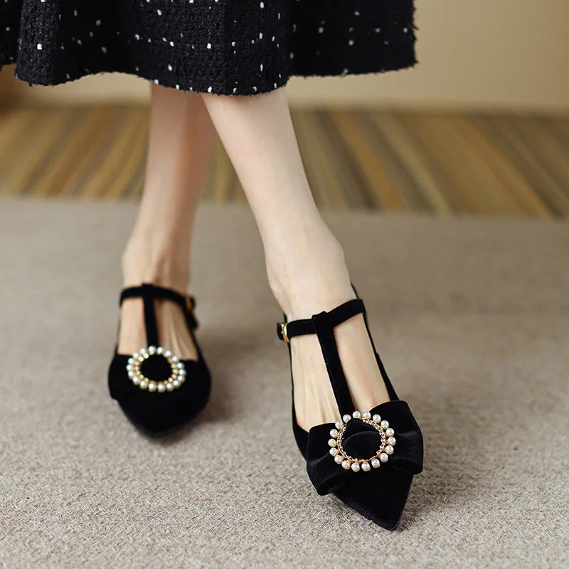 Sine Pearl Buckle Bow Velvet Mary Jane Flats
