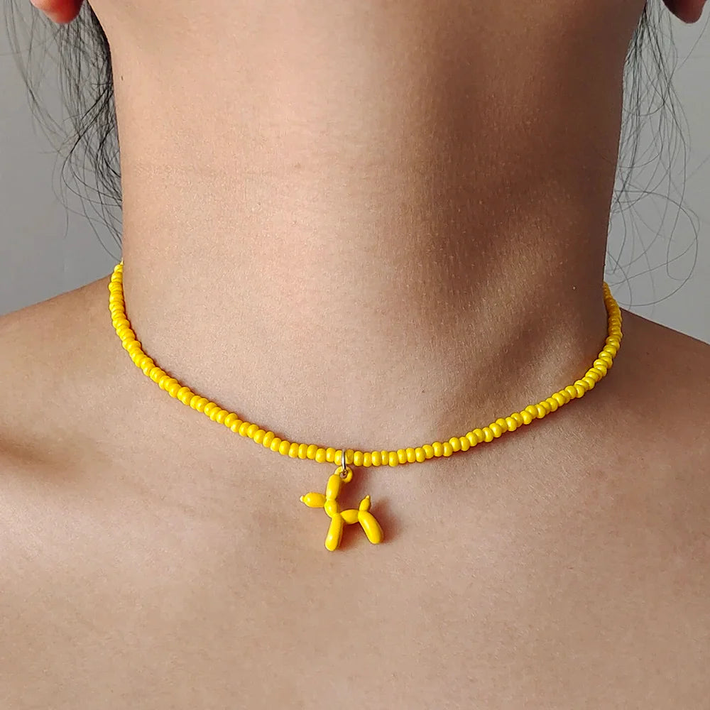 Colorful Poodle Pendant Beads Choker Necklace