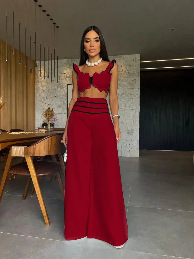 Deep V Square Collar Wide Leg Two Piece Pants Set