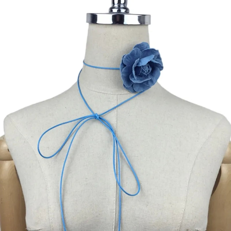 Denim Rose Corsage Choker Necklaces