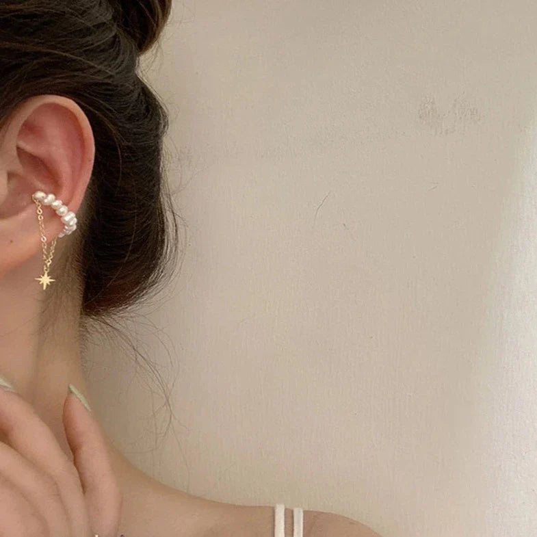 Single Pearl Link Ear Clip Earrings