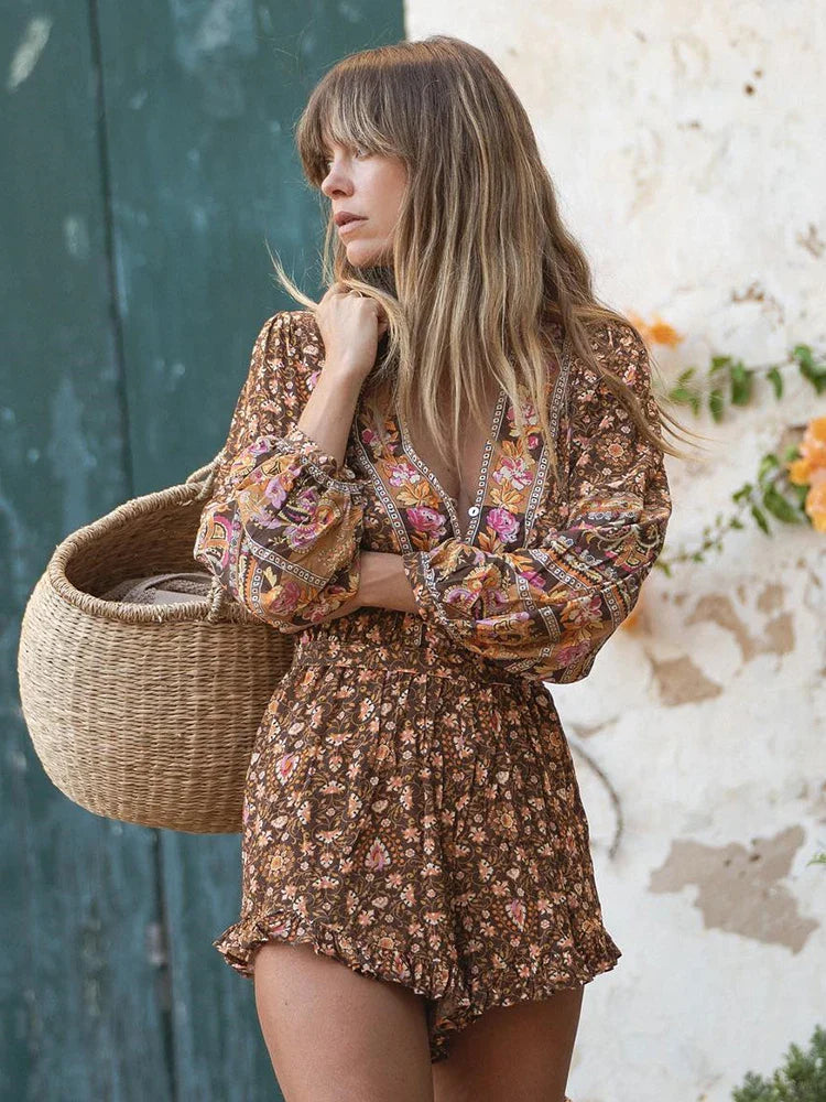 Bodil Bohemian Vintage Brown Floral Romper