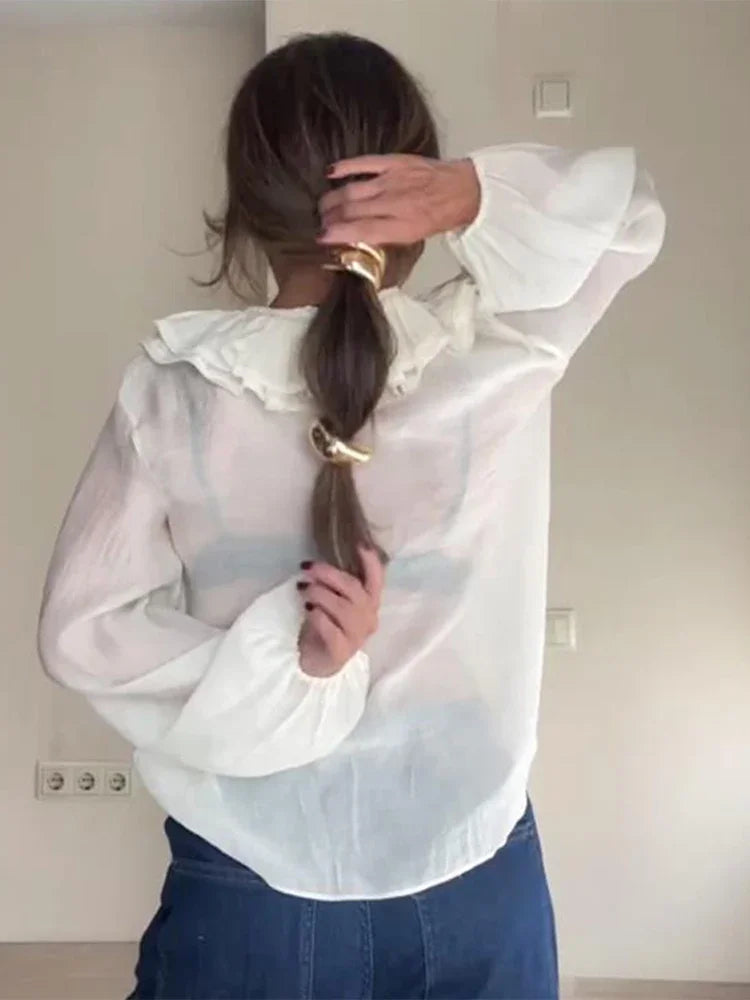 Ruffles Lace Up White V-neck Flared Blouse