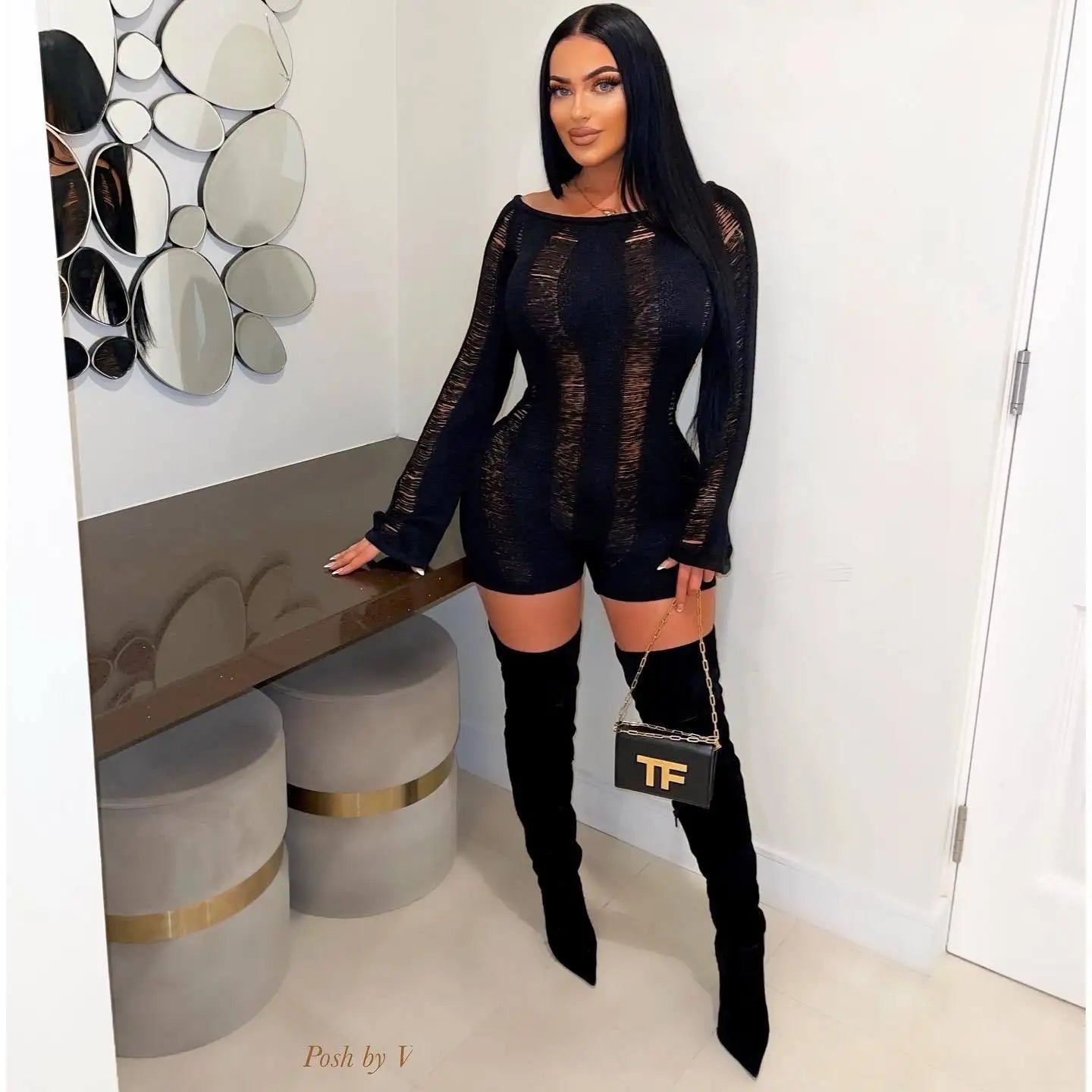 See Through Backless One Shoulder Romper