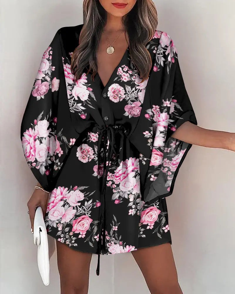 Casual Flora Print Batwing Sleeve Lace-Up Dress
