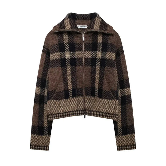Charlotte Vintage Brown Plaid Knit Jacket