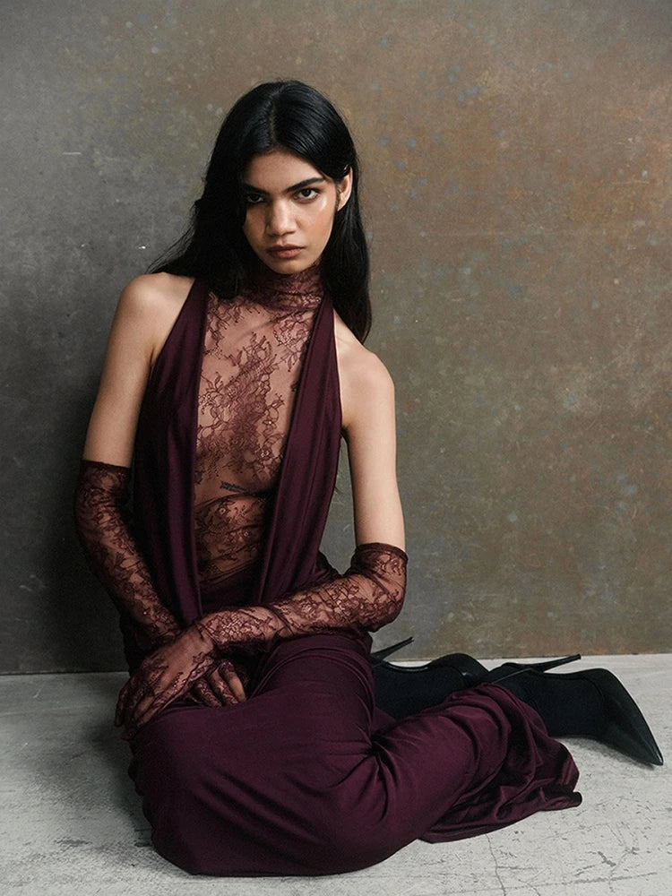 Turtleneck Pleated Gloves Backless Lace Dress