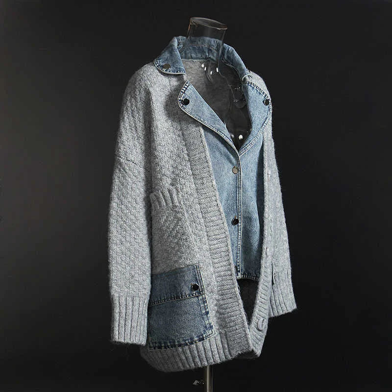 Yuke Denim Shirt Patchwork Grey Cardigan Jacket