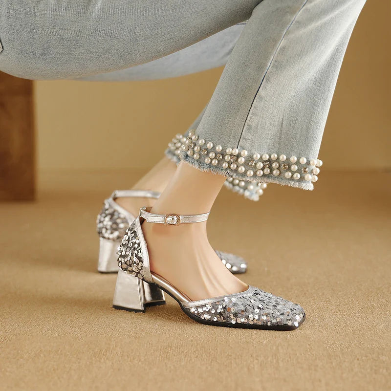Marley Metallic Sequin Ankle Strap Sandals