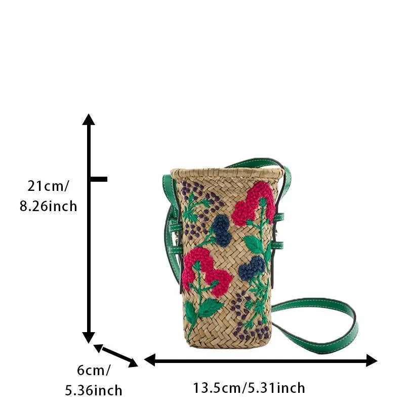 Praire Floral Embroidery Mini Straw Bucket Bag