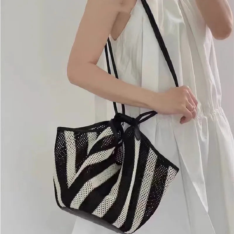 Josia Black & White Stripe Straw Tote Bag