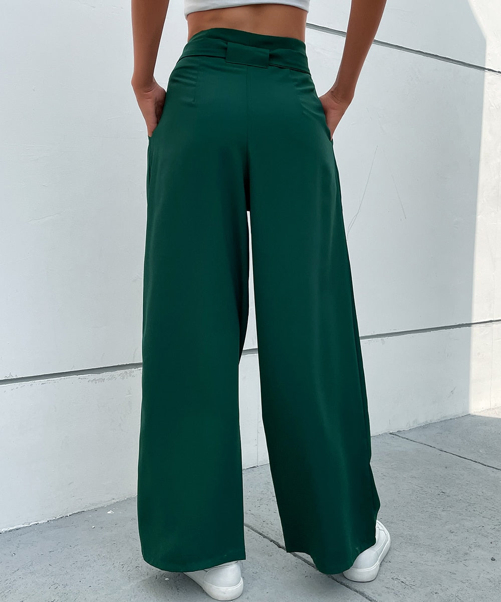 Solid Pleat Front Elegant Belted Pants