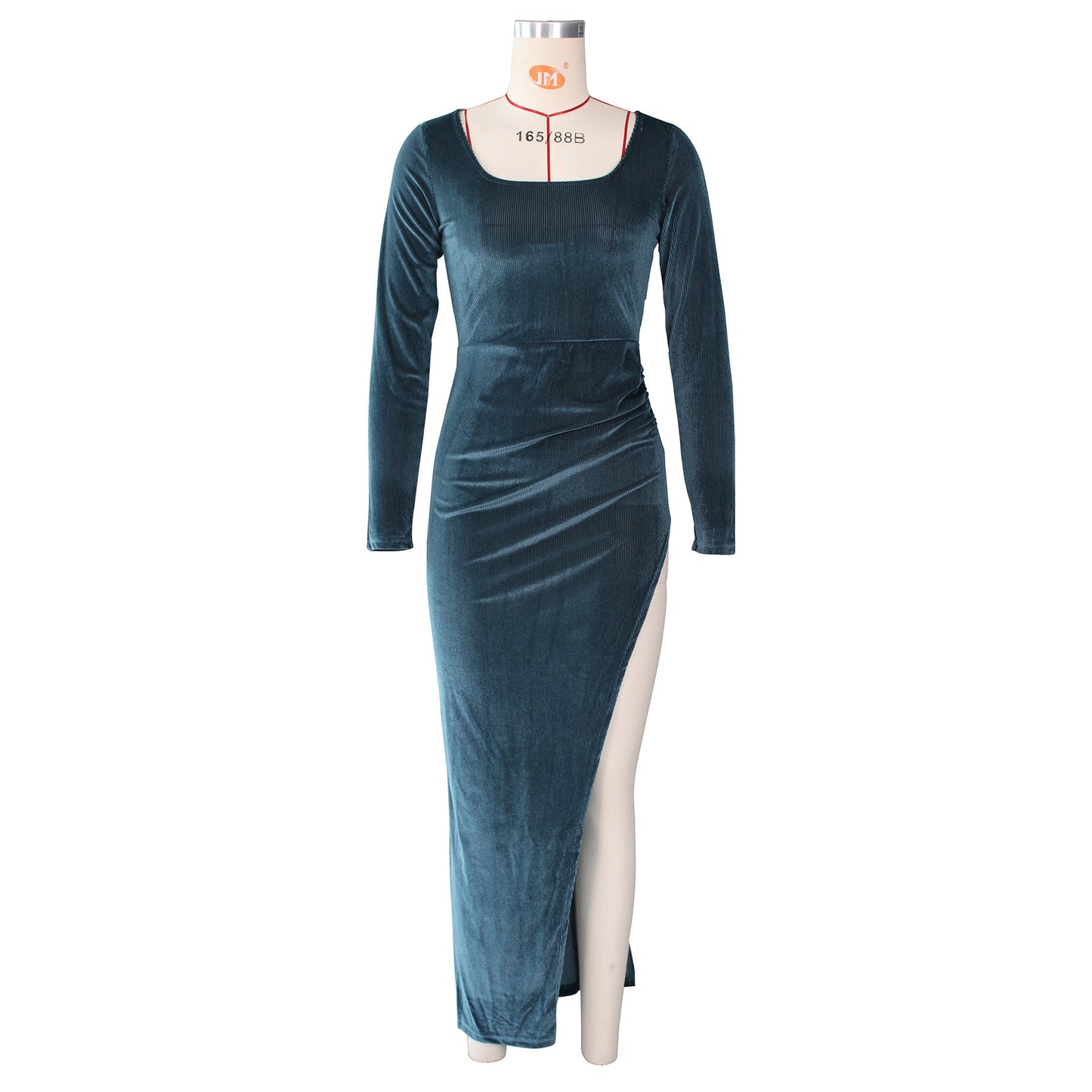 Elegant Velvet High Waist Slit Maxi Dress Long Sleeve Evening Party Dress