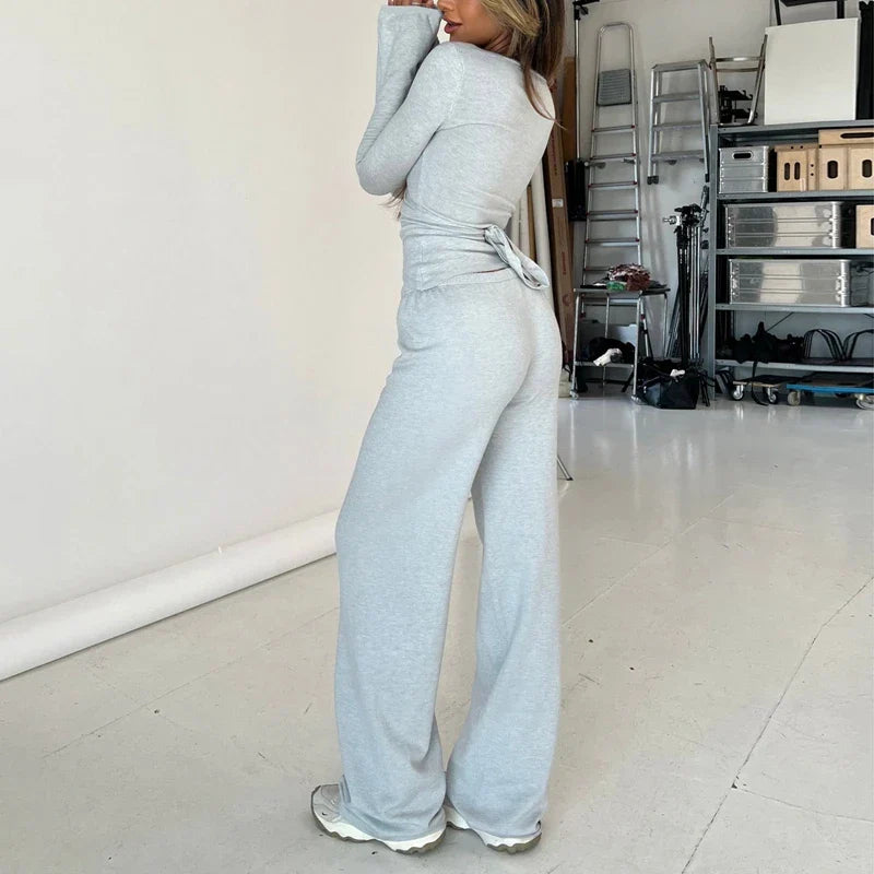 V Neck Waist Tie Elastic Two Piece Pants Set