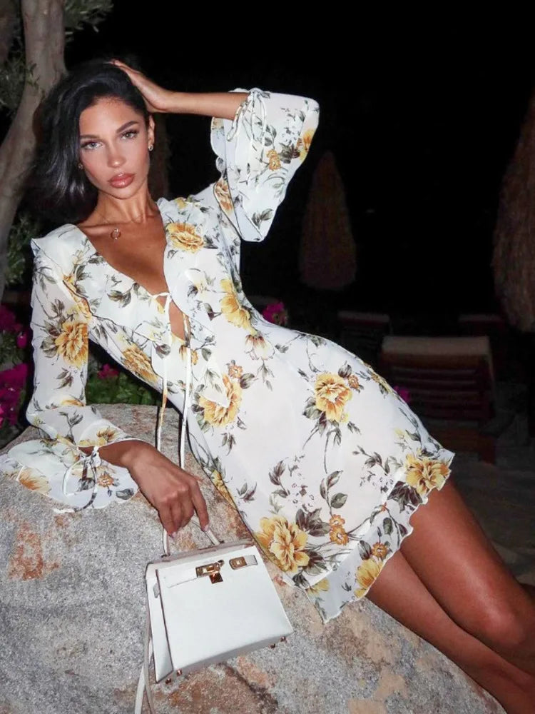 Flower Deep V Lace-Up Long Sleeve Mini Dress