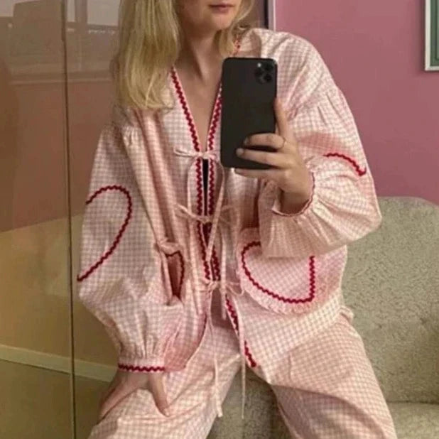 Claire Heart Applique Gingham Shirt Blouse