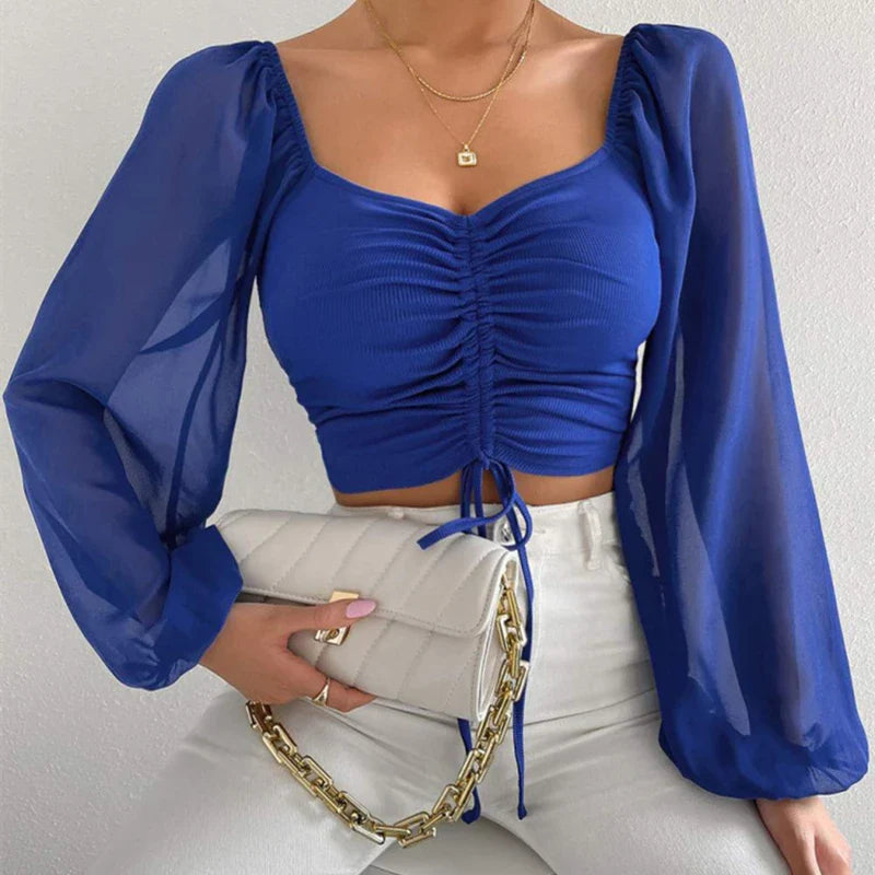 V-Neck Drawstring Bandage Sheer Top