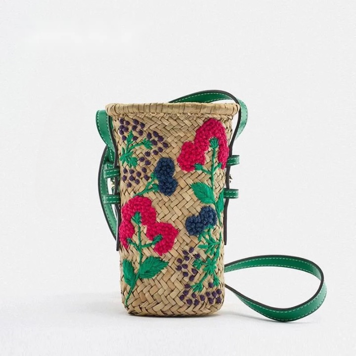 Praire Floral Embroidery Mini Straw Bucket Bag