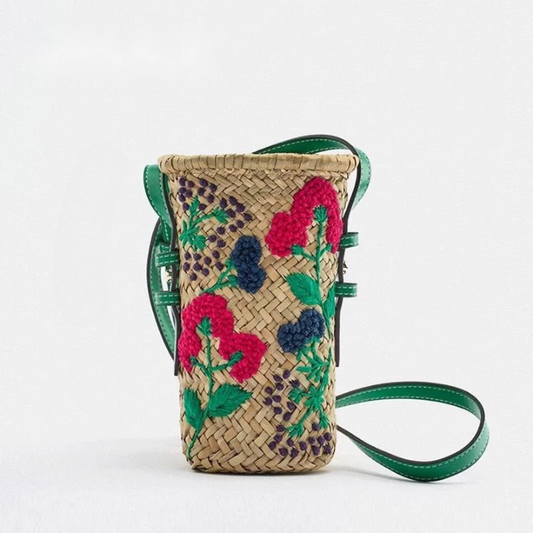 Praire Floral Embroidery Mini Straw Bucket Bag