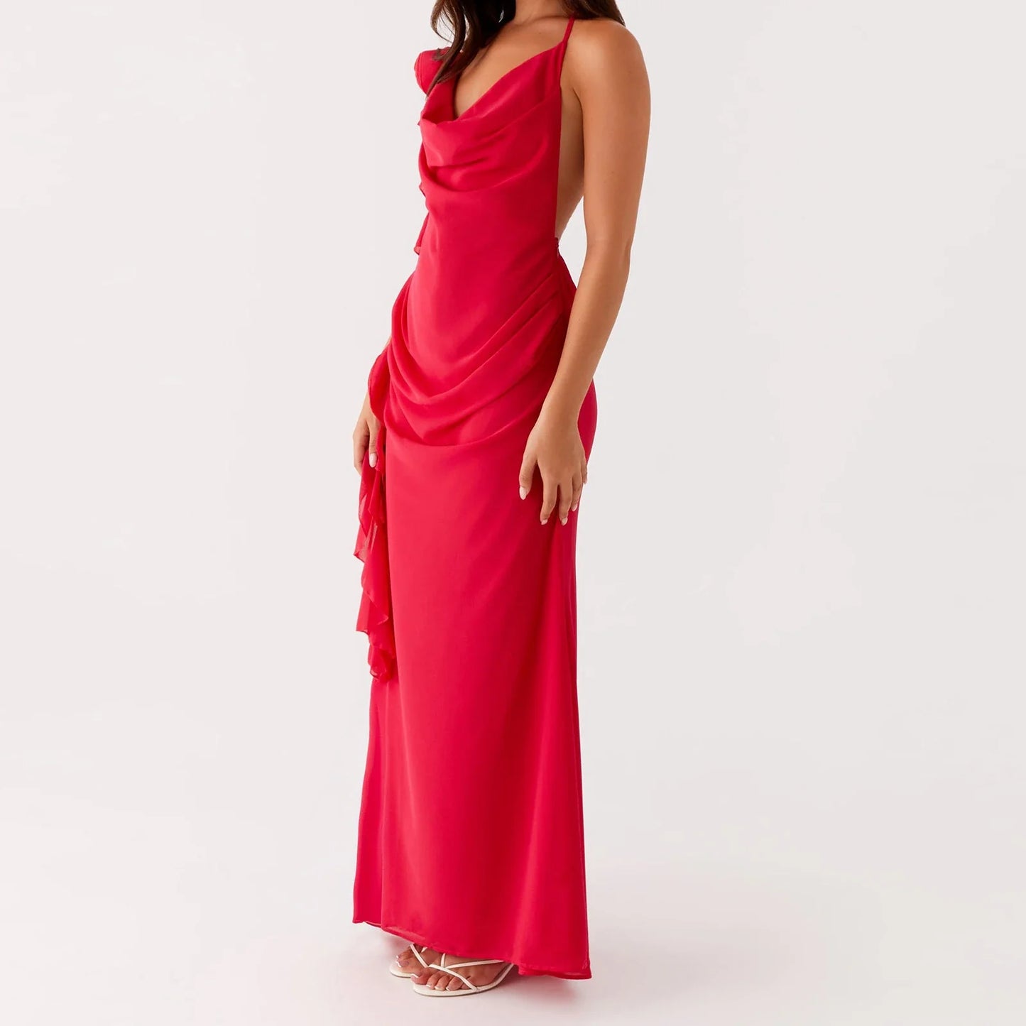 Ruffle Trim Open Back Floral Dress