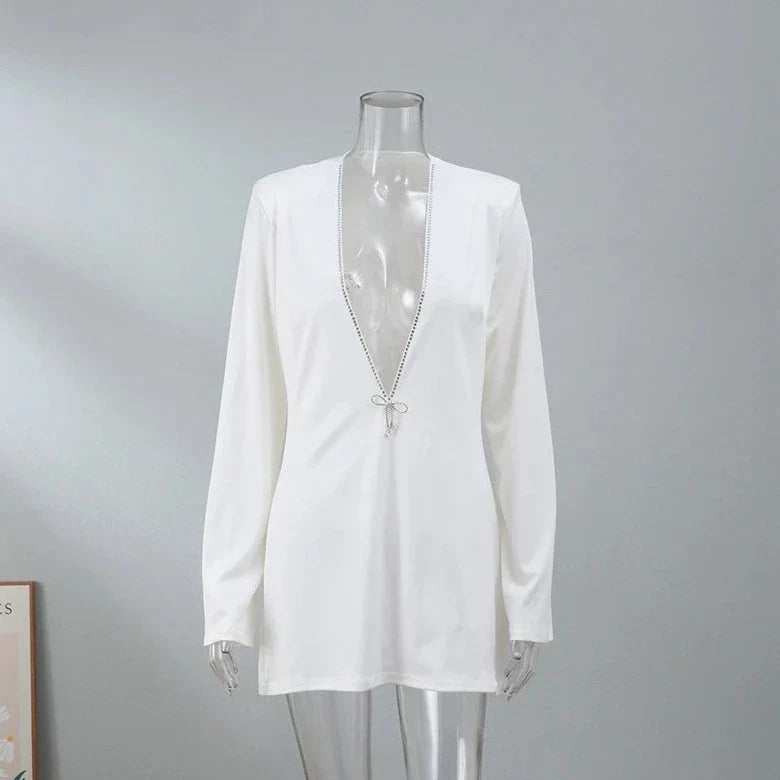 Maxim Crystal Bow Plunge Neck Mini Dress